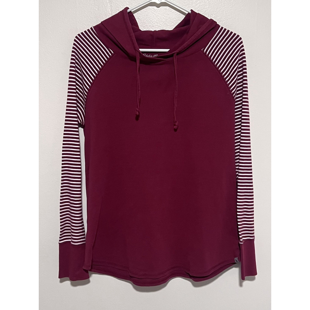 Eddie Bauer Top Womens Large Hoodie Tee Cranberry Red Stripe Sleeve Cotton Shirt